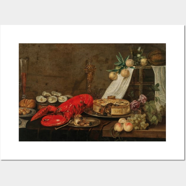 A Lobster, Oysters, Pastry, Mixed Fruit and Filled Wine Glasses on a Partially Draped Table by Frans Ykens Wall Art by Classic Art Stall